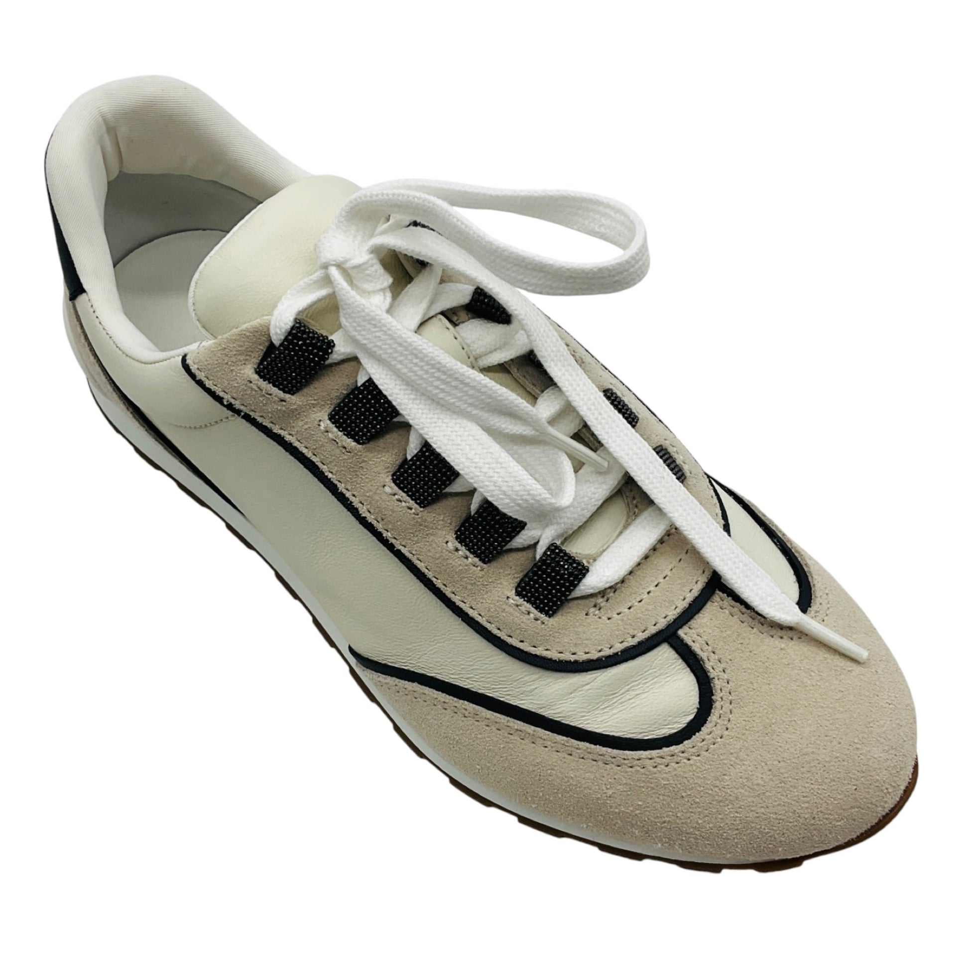 Brunello Cucinelli Beige Monili Bead Embellished Suede and Leather Sneakers
