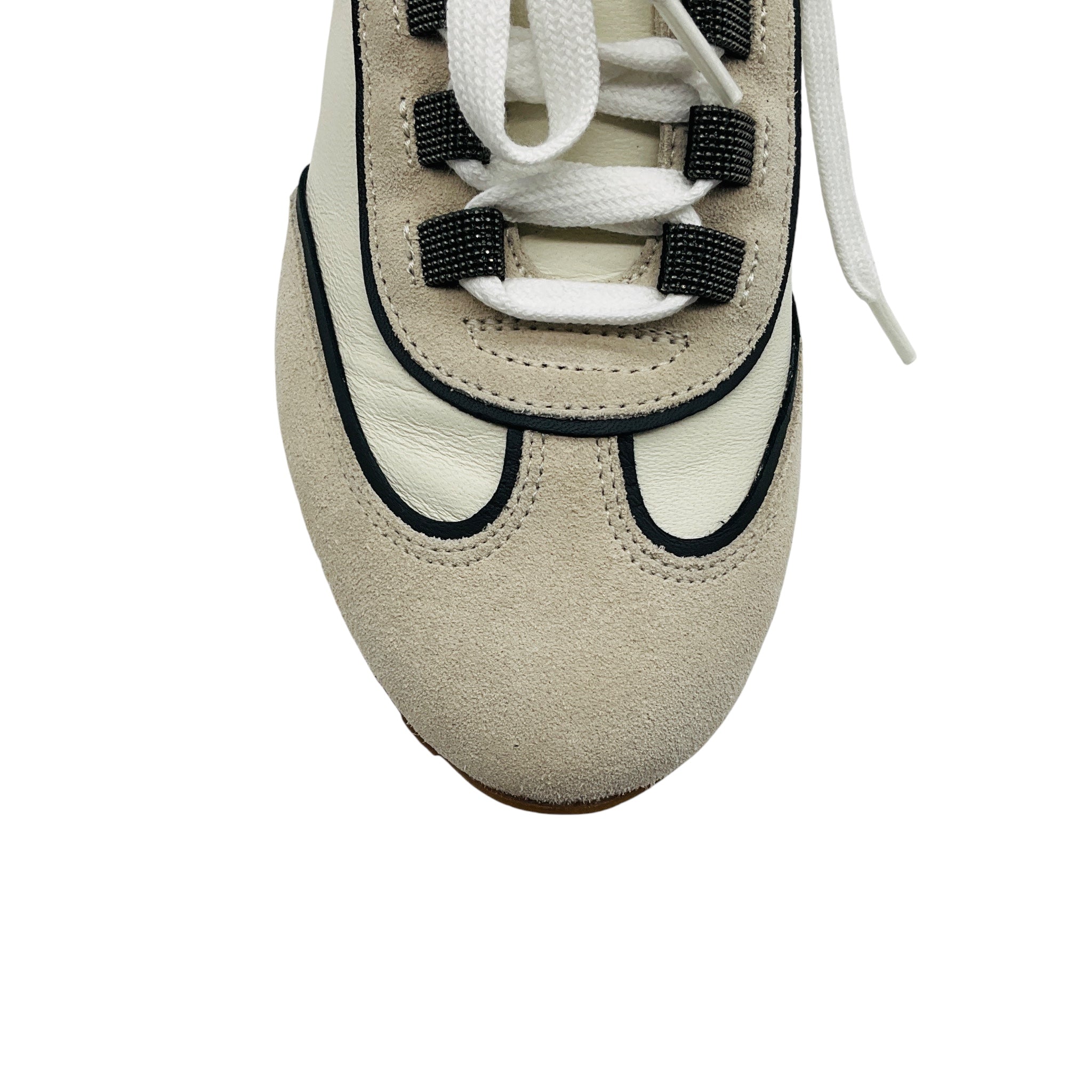 Brunello Cucinelli Beige Monili Bead Embellished Suede and Leather Sneakers