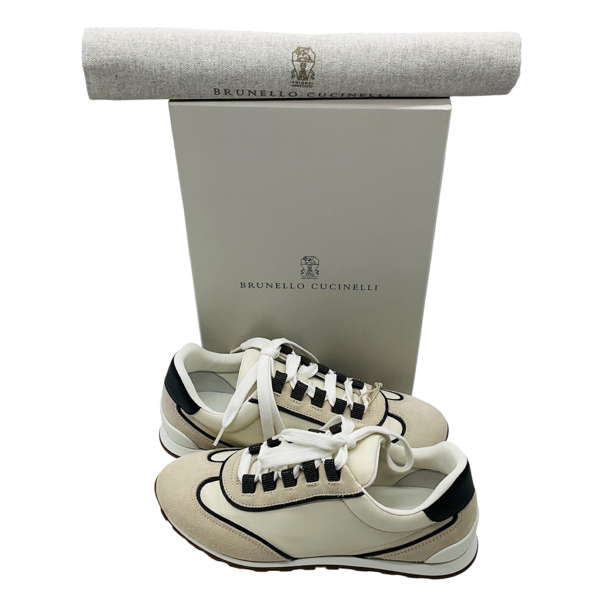 Brunello Cucinelli Beige Monili Bead Embellished Suede and Leather Sneakers