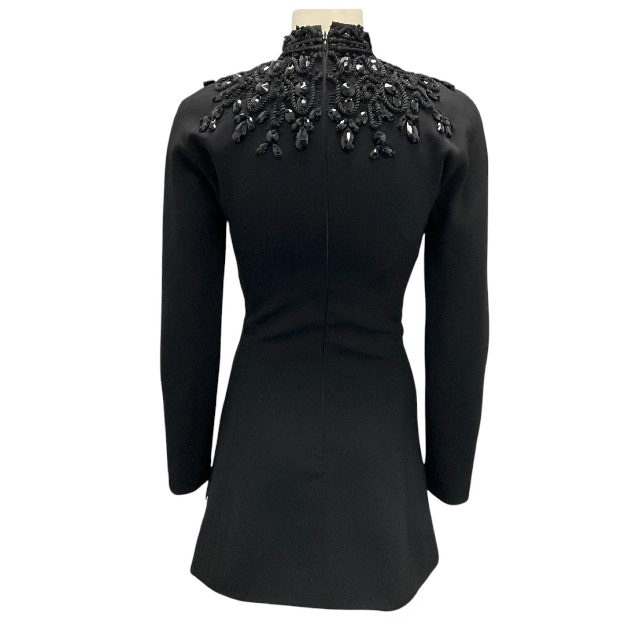 Carolina Herrera Black Bead Embellished Long Sleeved Crepe Mini Dress