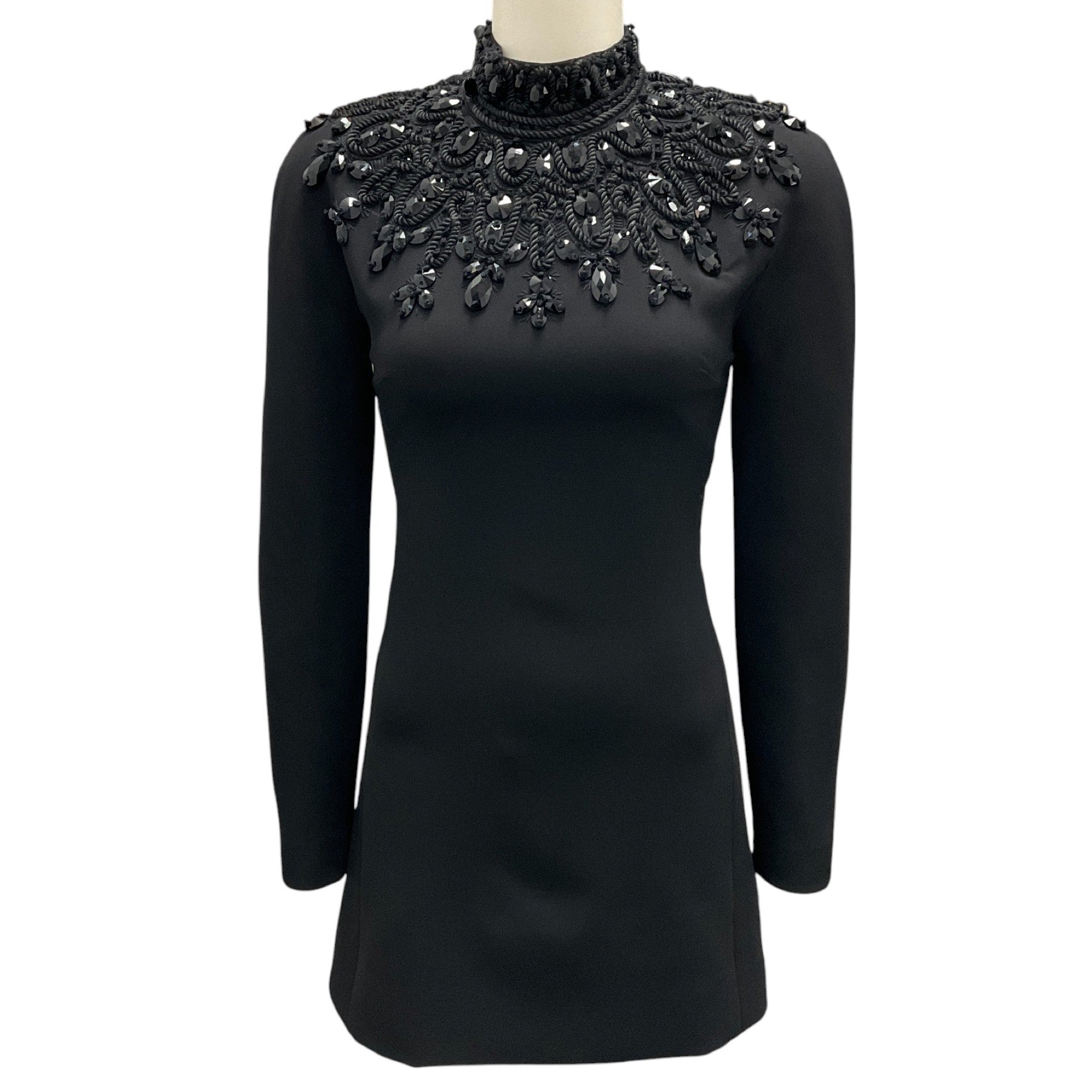 Carolina Herrera Black Bead Embellished Long Sleeved Crepe Mini Dress