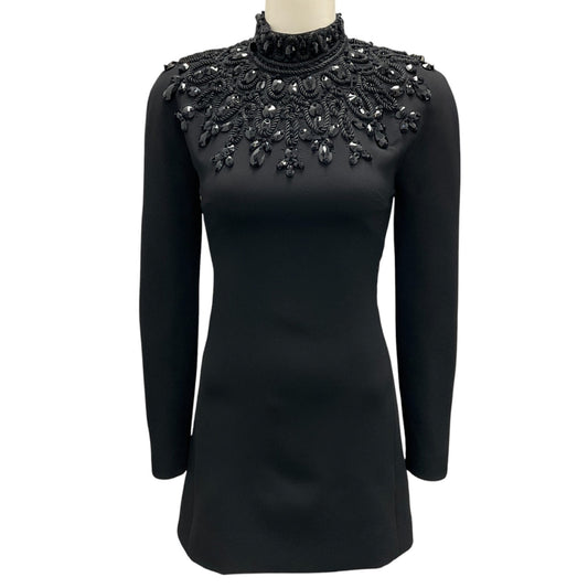 Carolina Herrera Black Bead Embellished Long Sleeved Crepe Mini Dress