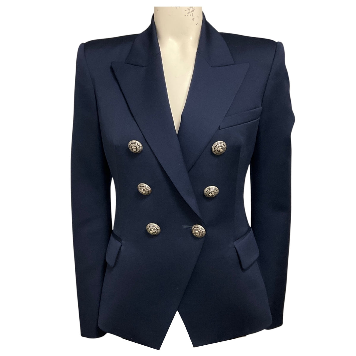 Balmain Navy Blue Double Breasted Wool Blazer with Silver Buttons