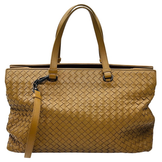 Bottega Veneta Tan Intrecciato Woven Leather Double Top Handle Tote Handbag with Shoulder Strap