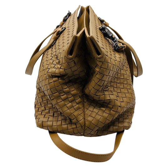 Bottega Veneta Tan Intrecciato Woven Leather Double Top Handle Tote Handbag with Shoulder Strap