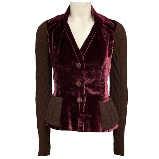 Christian Dior Boutique Vintage Burgundy Velvet Blazer with Brown Wool Knit Trim