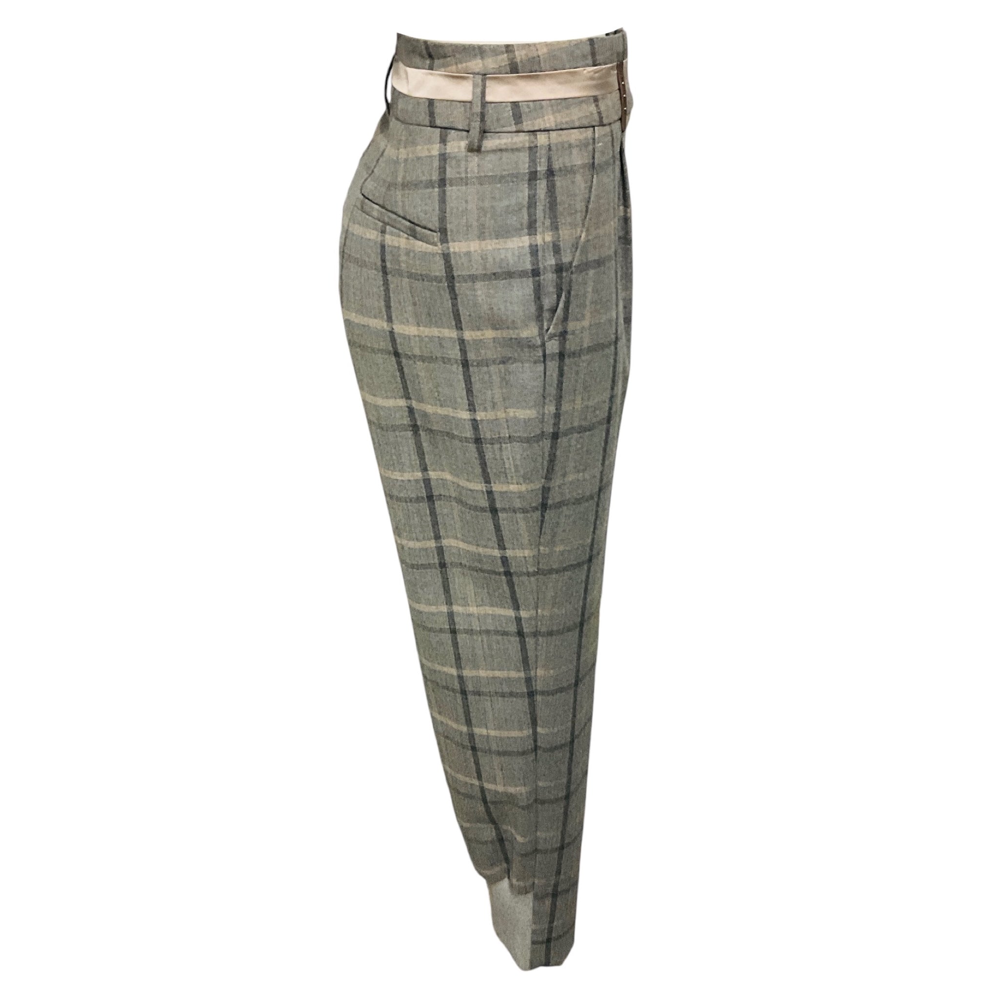 Peserico Grey Tailored Plaid Wool Pants