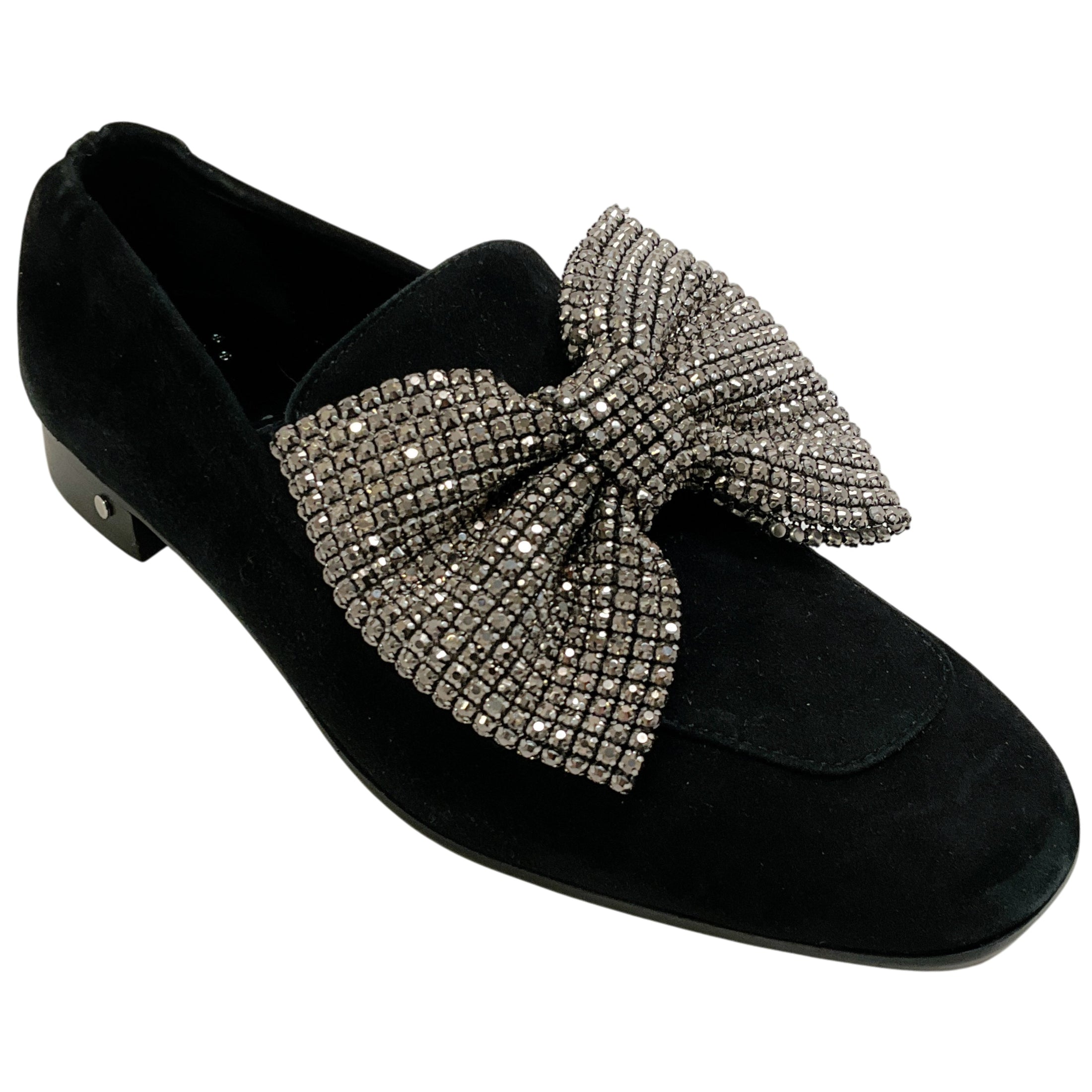 Laurence Dacade Black Suede Angela Loafers with Crystal Embellished Bow
