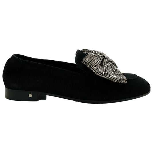 Laurence Dacade Black Suede Angela Loafers with Crystal Embellished Bow