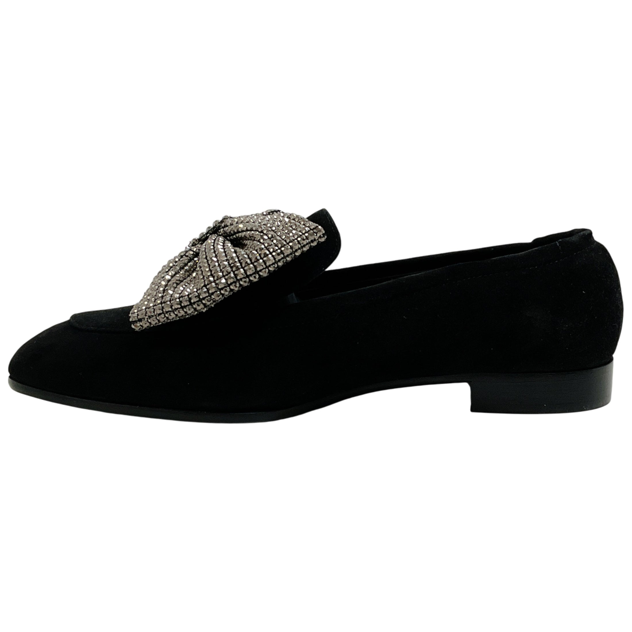 Laurence Dacade Black Suede Angela Loafers with Crystal Embellished Bow