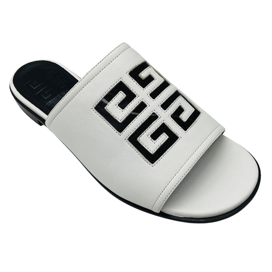 Givenchy White 4G Logo Cut Out Leather Flat Mule Slide Sandals