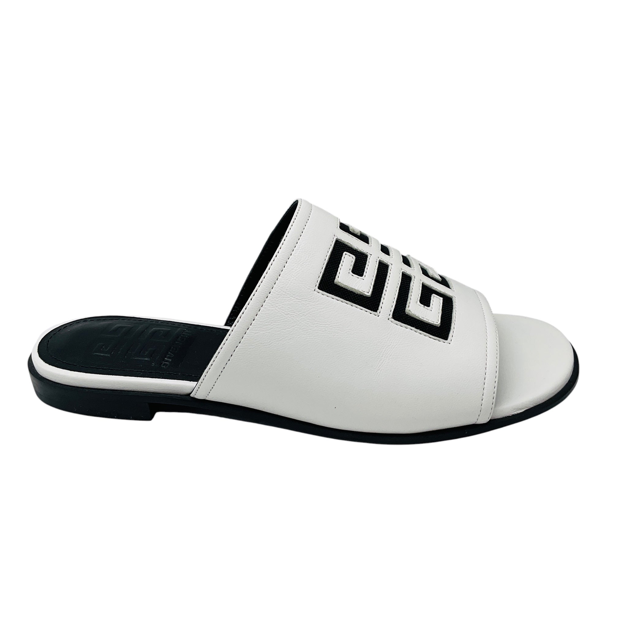 Givenchy White 4G Logo Cut Out Leather Flat Mule Slide Sandals