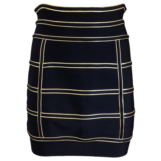 Balmain Black / Gold Metallic Piping Detail Knit Bandage Mini Skirt