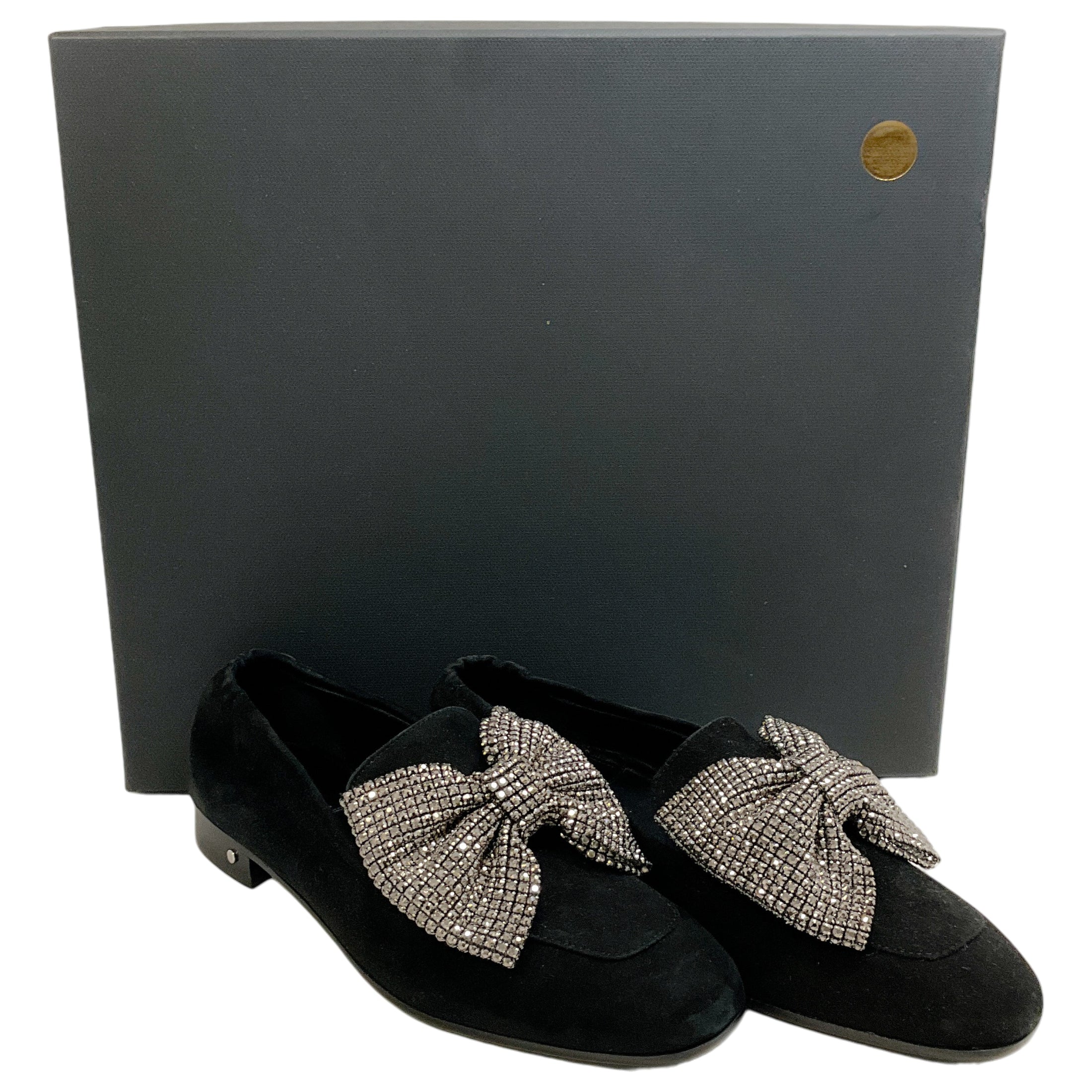 Laurence Dacade Black Suede Angela Loafers with Crystal Embellished Bow