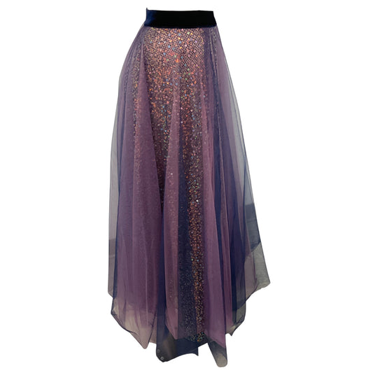 Talbot Runhof Purple Sequined Mesh Tulle Maxi Skirt