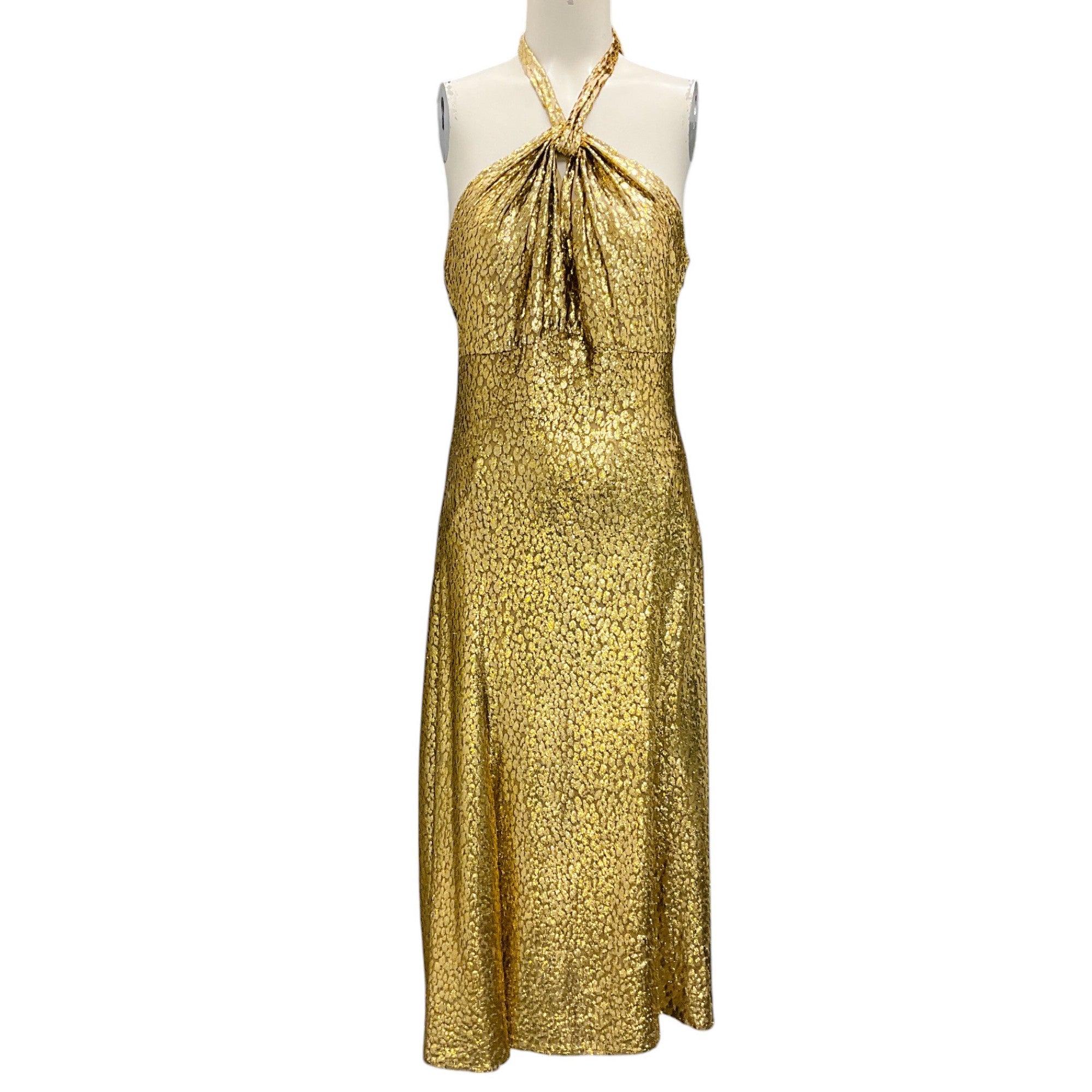 Michael Kors Collection Gold Metallic Leopard Fil Coupe Halter Dress