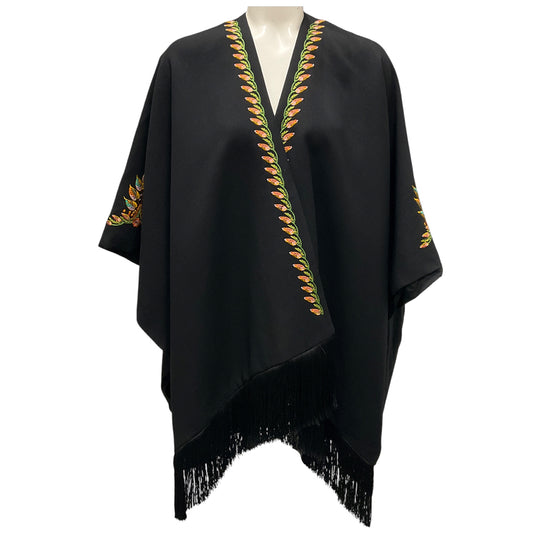 Etro Black Multi Embroidered Fringe Hem Wool Crepe Cape