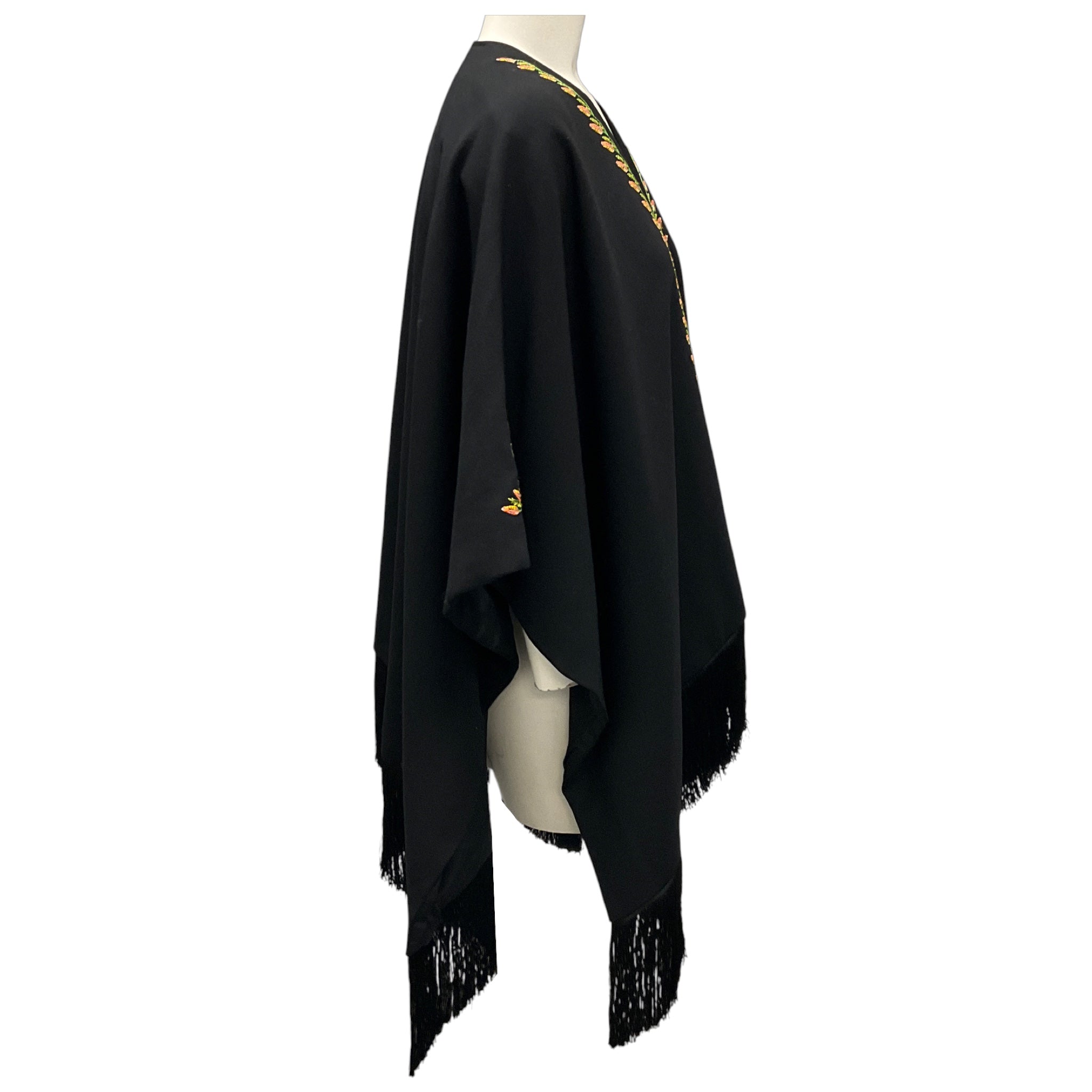 Etro Black Multi Embroidered Fringe Hem Wool Crepe Cape