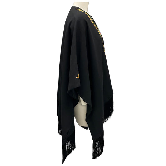 Etro Black Multi Embroidered Fringe Hem Wool Crepe Cape