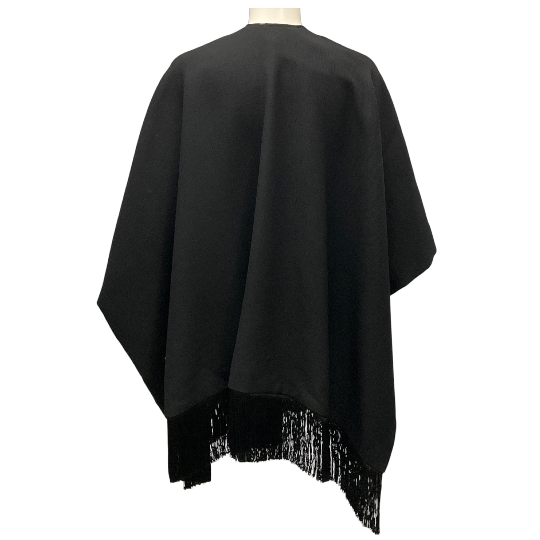 Etro Black Multi Embroidered Fringe Hem Wool Crepe Cape