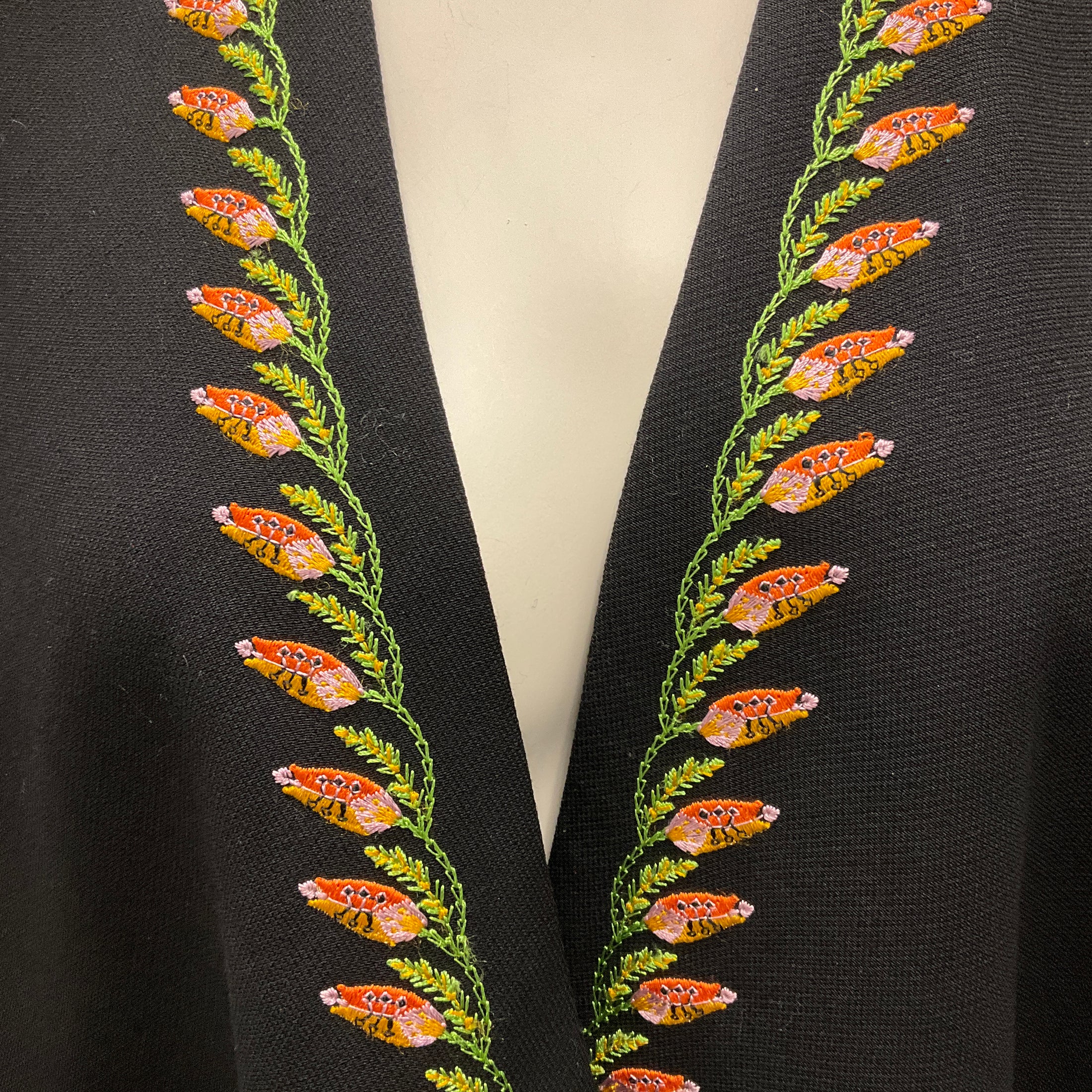 Etro Black Multi Embroidered Fringe Hem Wool Crepe Cape