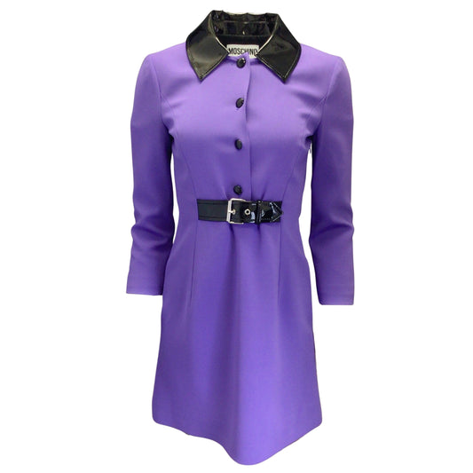 Moschino Couture Purple / Black Faux Patent Leather Collar Button-down Viscose Crepe Dress