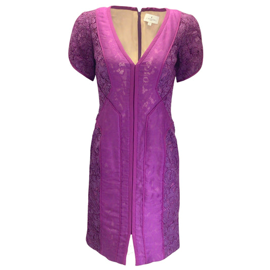 J. Mendel Magenta Short Sleeved V-Neck Silk Lined Lace Midi Dress