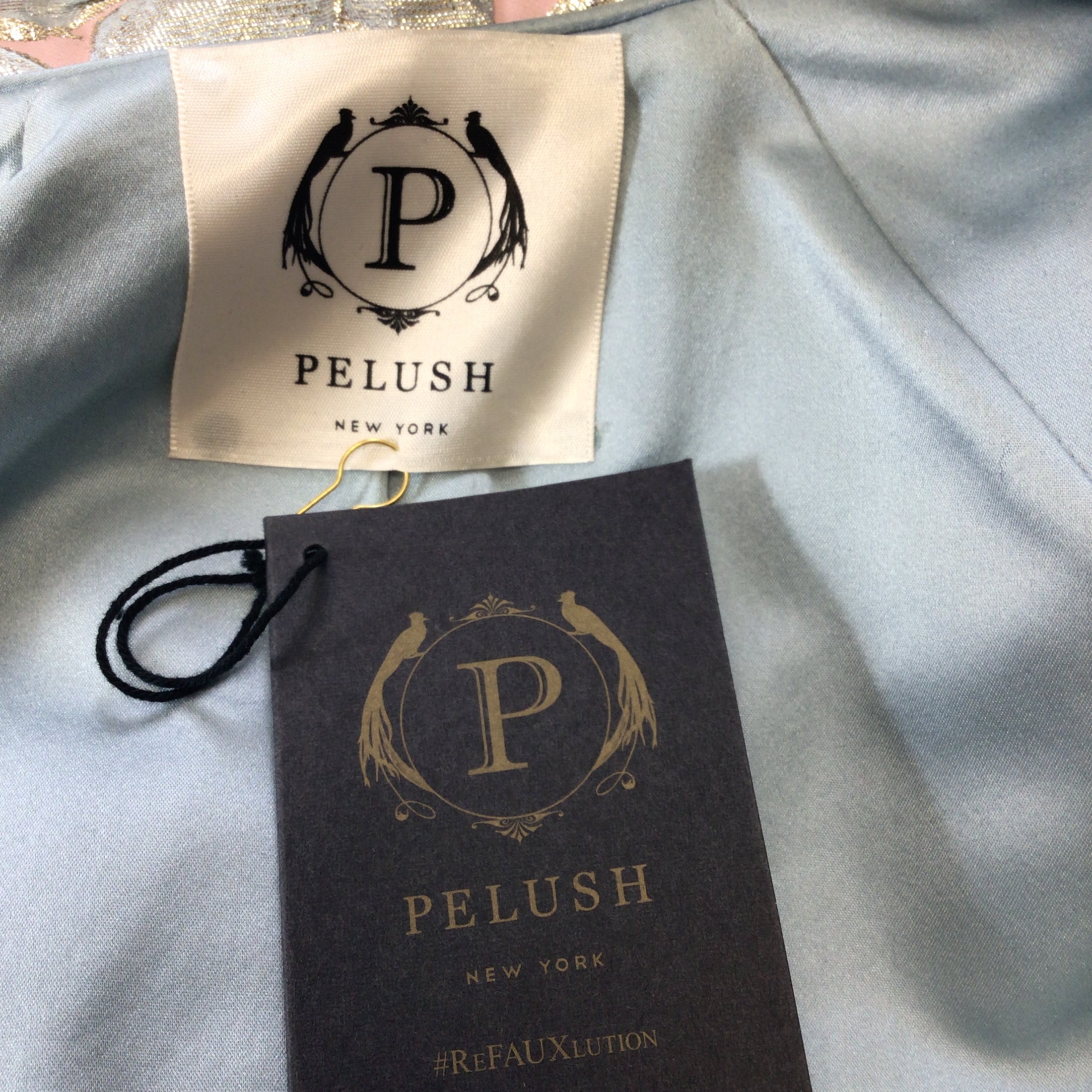 Pelush Pink / Silver Metallic Fur Collar Floral Brocade Coat