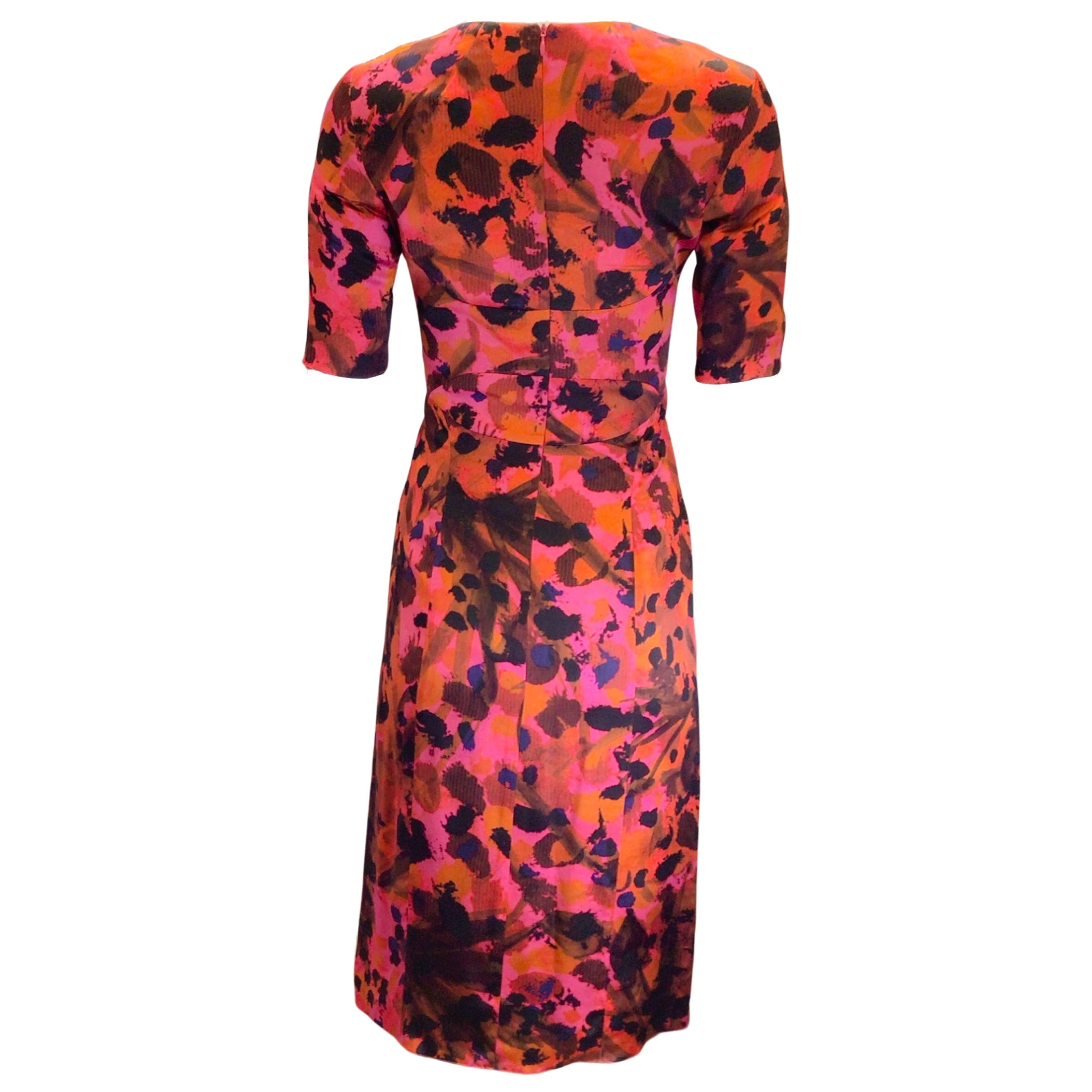 Erdem Fuchsia Pink / Orange Multi Printed Short Sleeved Silk Dress