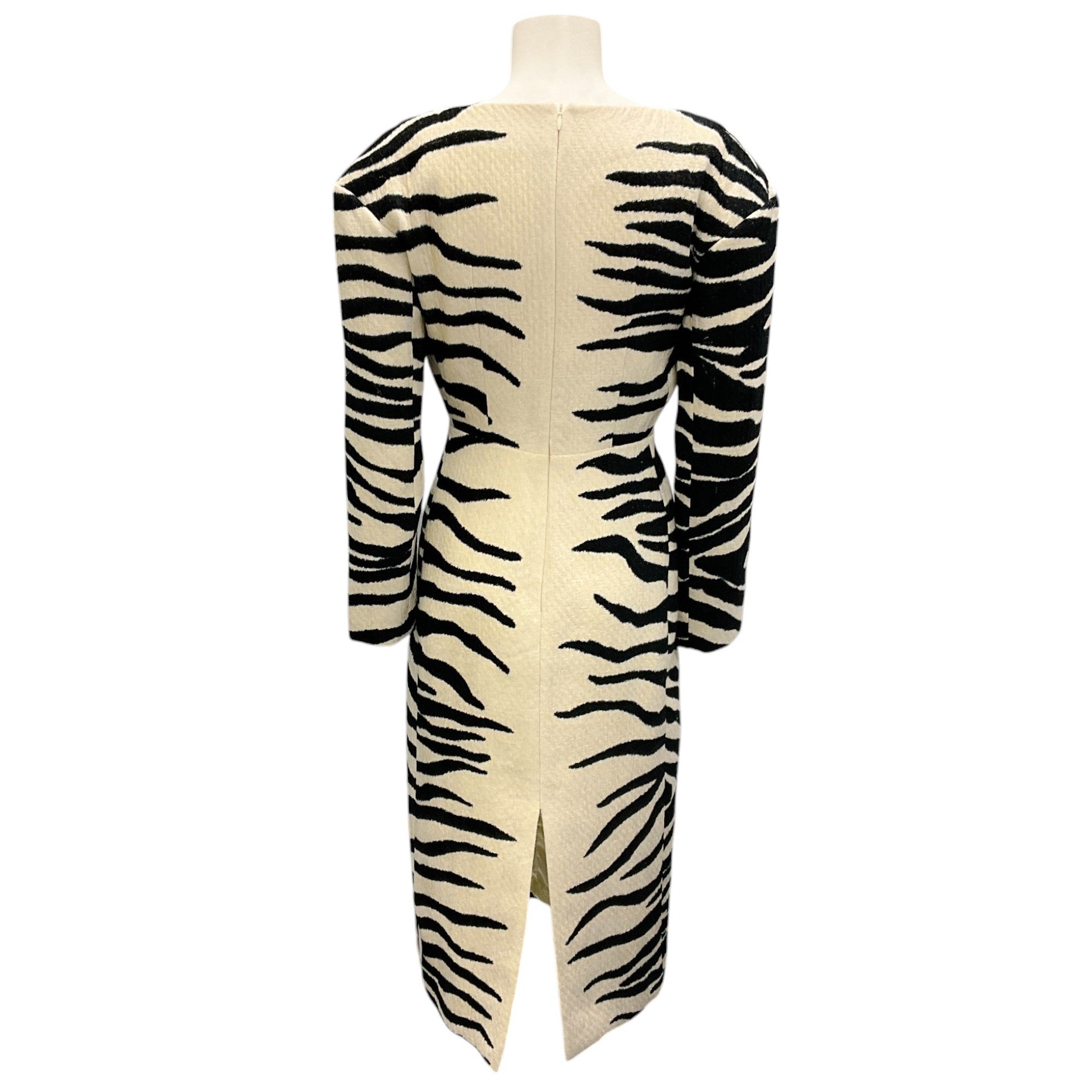 Dries Van Noten Ecru / Black Zebra Patterned Deep V-Neck Midi Dress