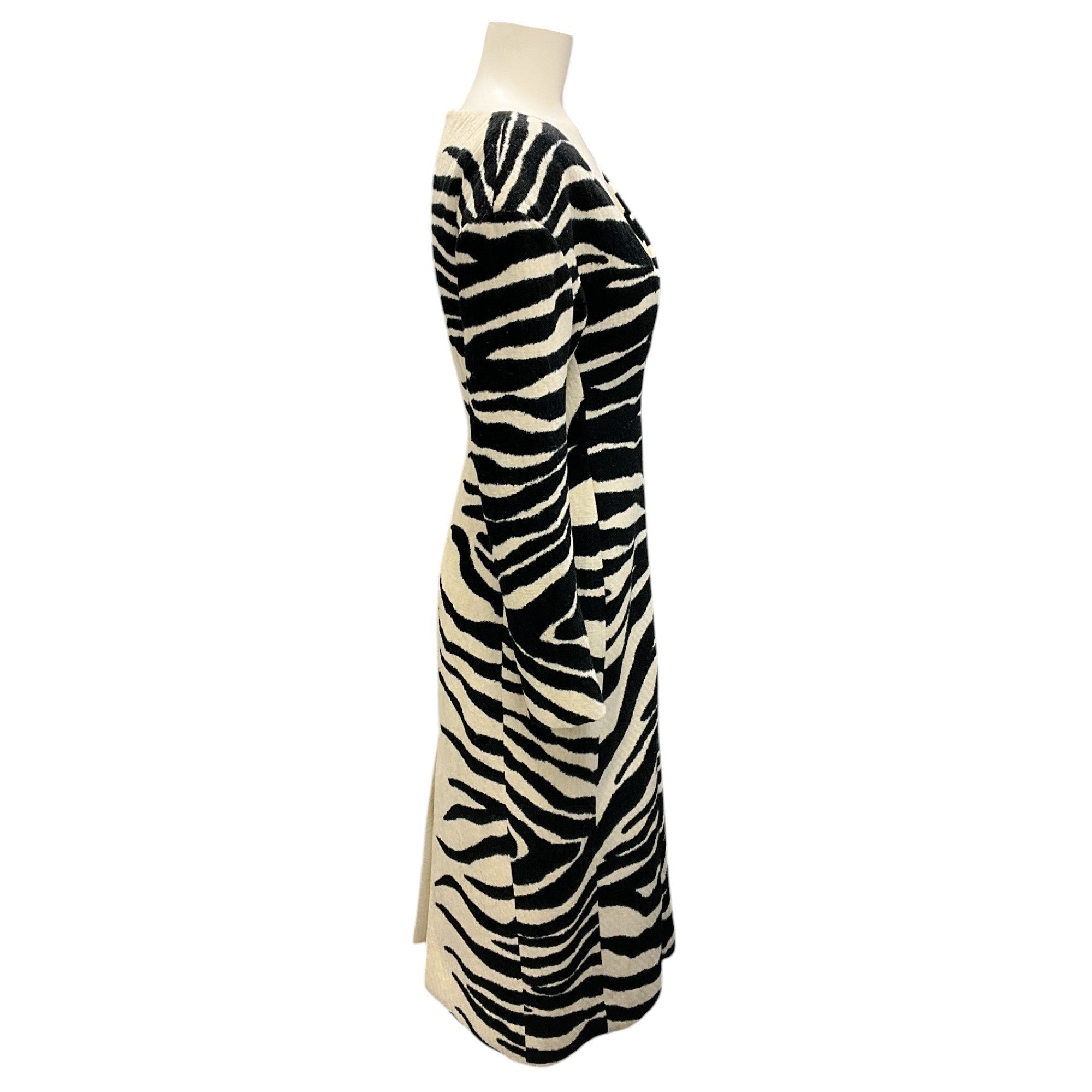 Dries Van Noten Ecru / Black Zebra Patterned Deep V-Neck Midi Dress