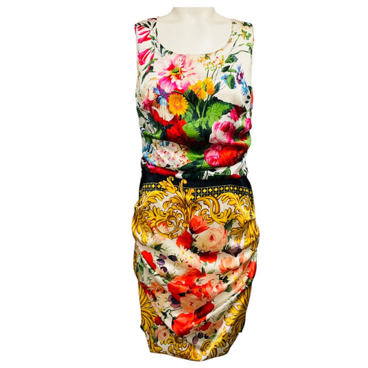 Dolce & Gabbana White / Red / Gold Multi Floral Baroque Print Sleeveless Silk Cocktail Dress