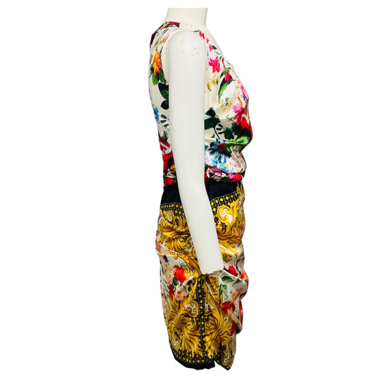 Dolce & Gabbana White / Red / Gold Multi Floral Baroque Print Sleeveless Silk Cocktail Dress