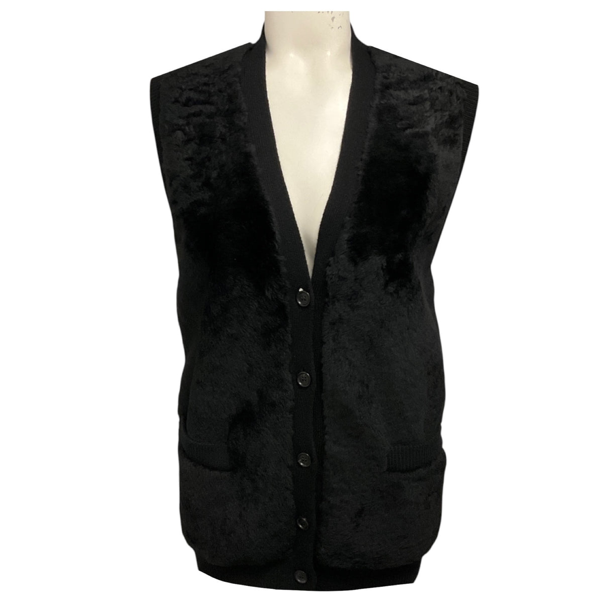 Prada Black Shearling Fur and Cashmere Knit Button Front Sweater Vest