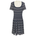 Load image into Gallery viewer, Alaia Navy Blue / White Patterned Viscose Stretch Knit Short Sleeved Flared Dress
