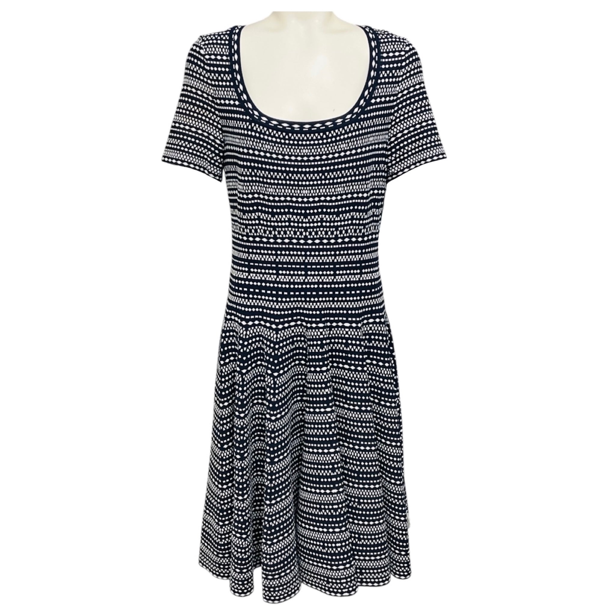 Alaia Navy Blue / White Patterned Viscose Stretch Knit Short Sleeved Flared Dress
