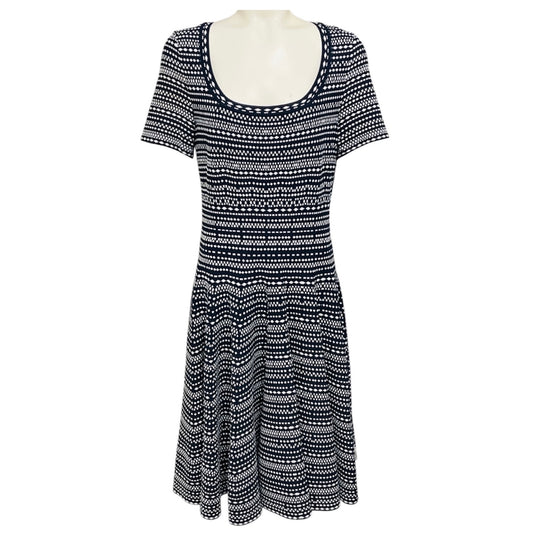 Alaia Navy Blue / White Patterned Viscose Stretch Knit Short Sleeved Flared Dress