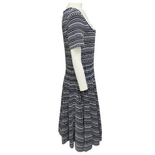 Alaia Navy Blue / White Patterned Viscose Stretch Knit Short Sleeved Flared Dress
