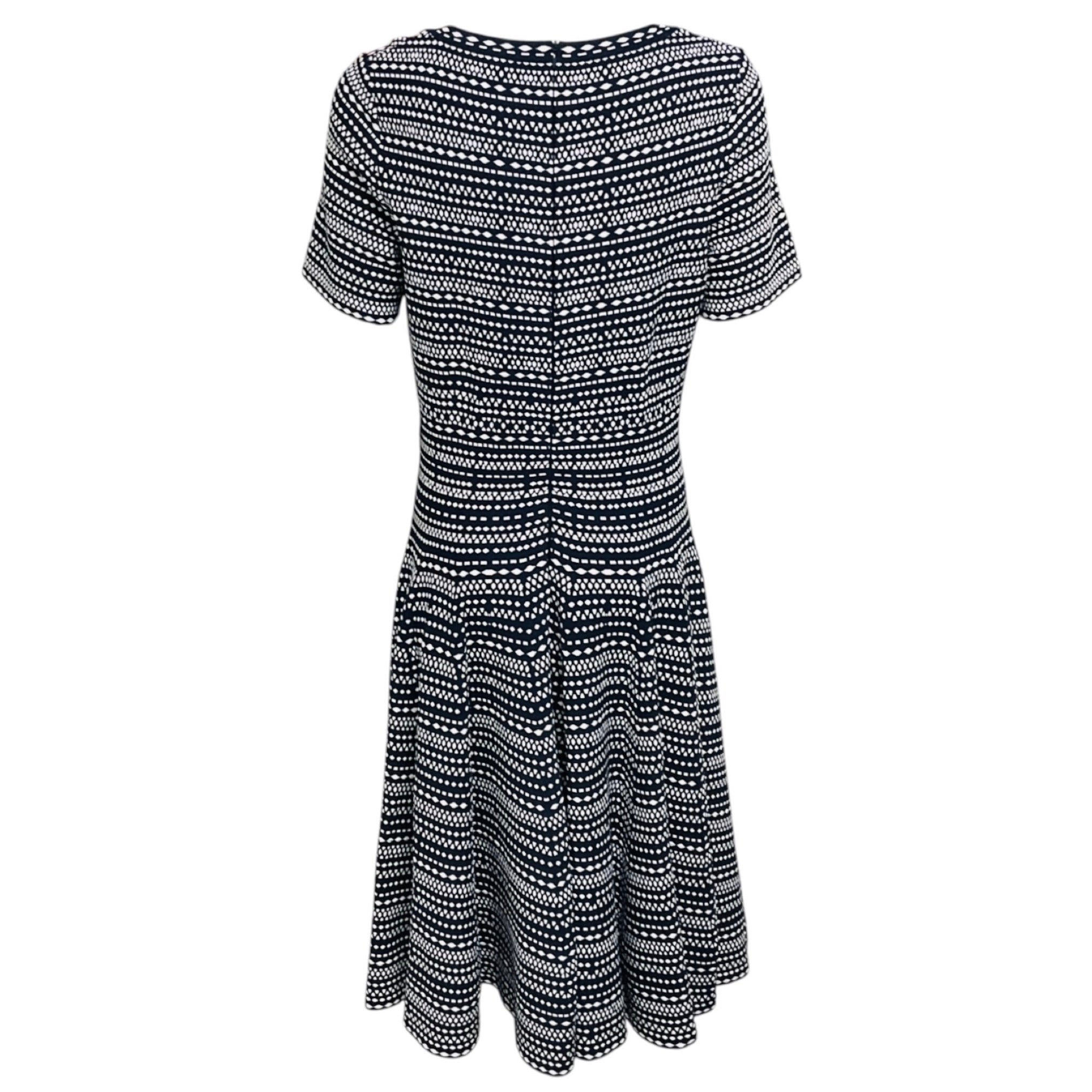 Alaia Navy Blue / White Patterned Viscose Stretch Knit Short Sleeved Flared Dress