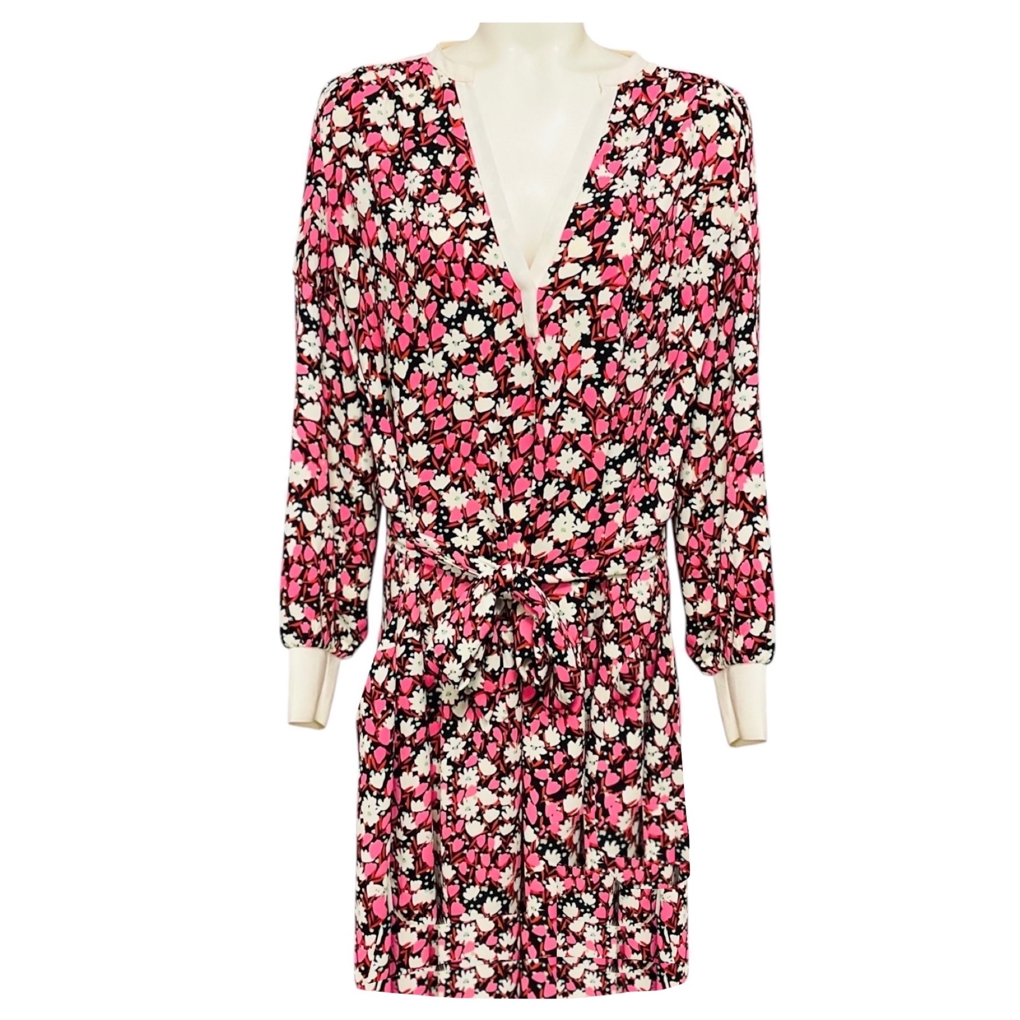 ME + EM Pink / Ivory / Black Multi Floral Printed Dress with Belt