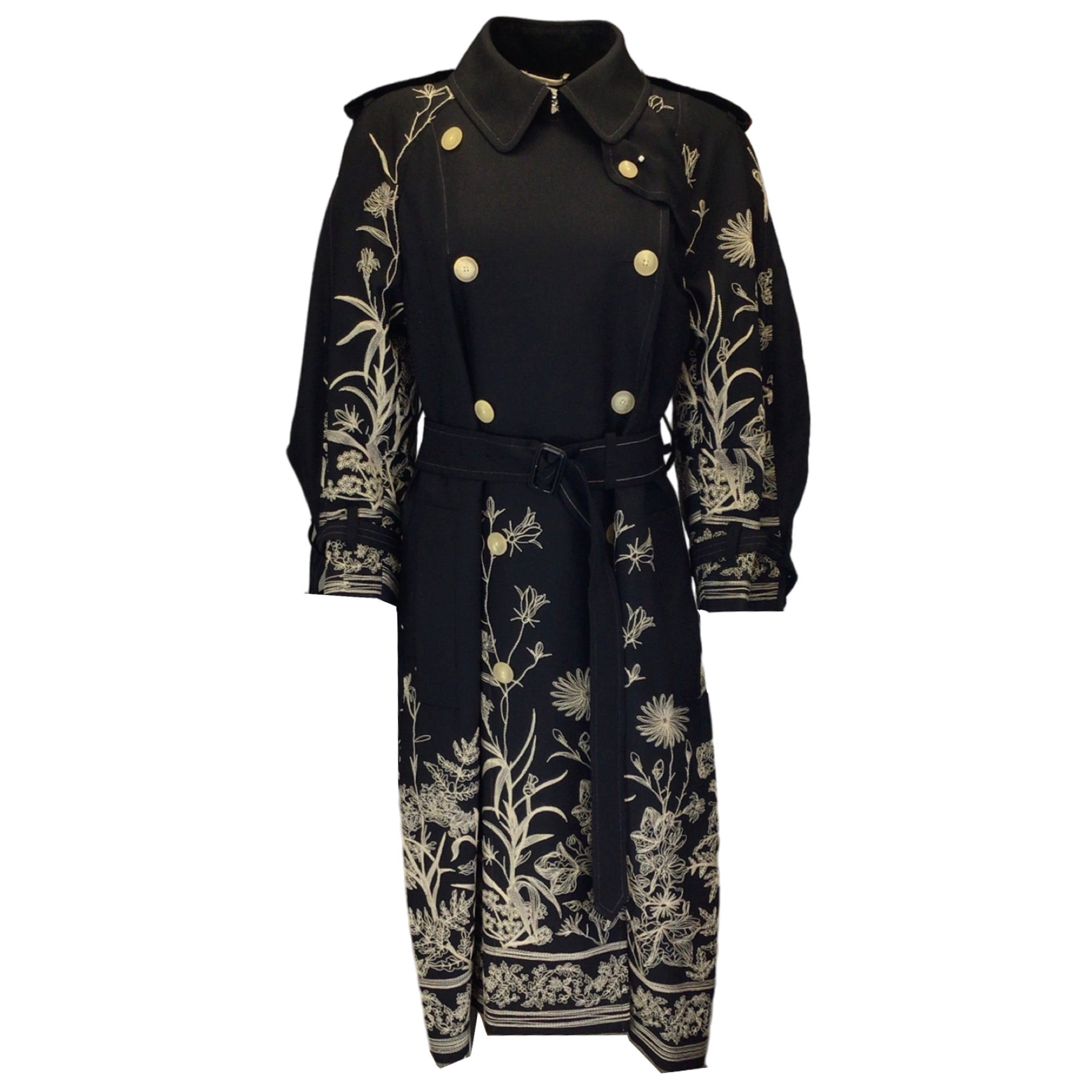 HIGH Black Embroidered Double Breasted Wool Trench Coat