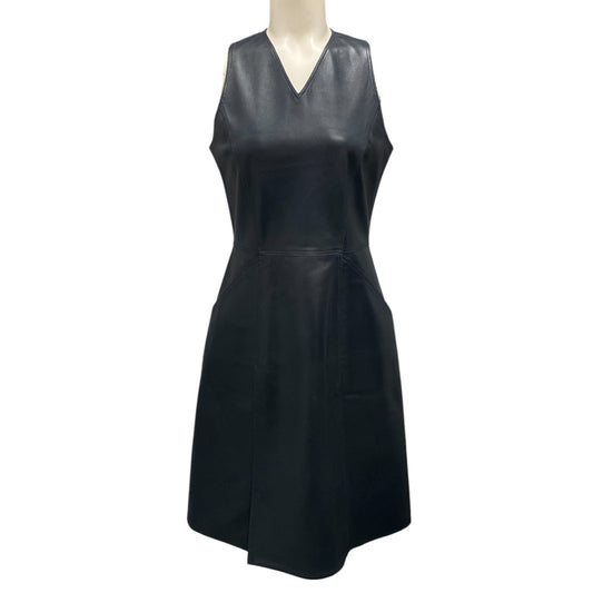 Tomas Maier Navy Blue Sleeveless V-Neck Leather Dress