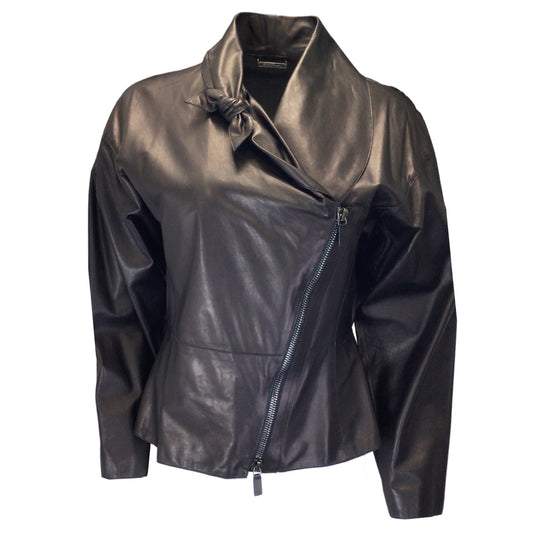 Giorgio Armani Black Bow Detail Moto Zip Leather Jacket