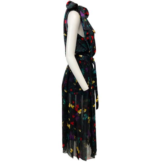 Sacai Navy Multi Floral Sleeveless Tie Neck Dress