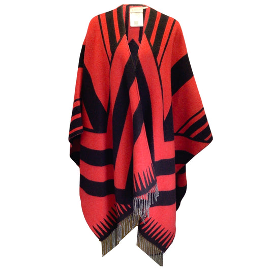Moncler Red / Black Sciarpa Fringed Hem Wool Poncho / Cape