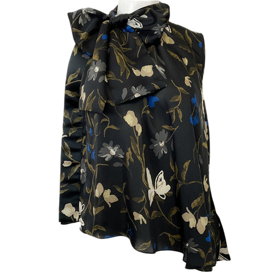 Sacai Black Multi Floral Sleeveless Tie Neck Blouse
