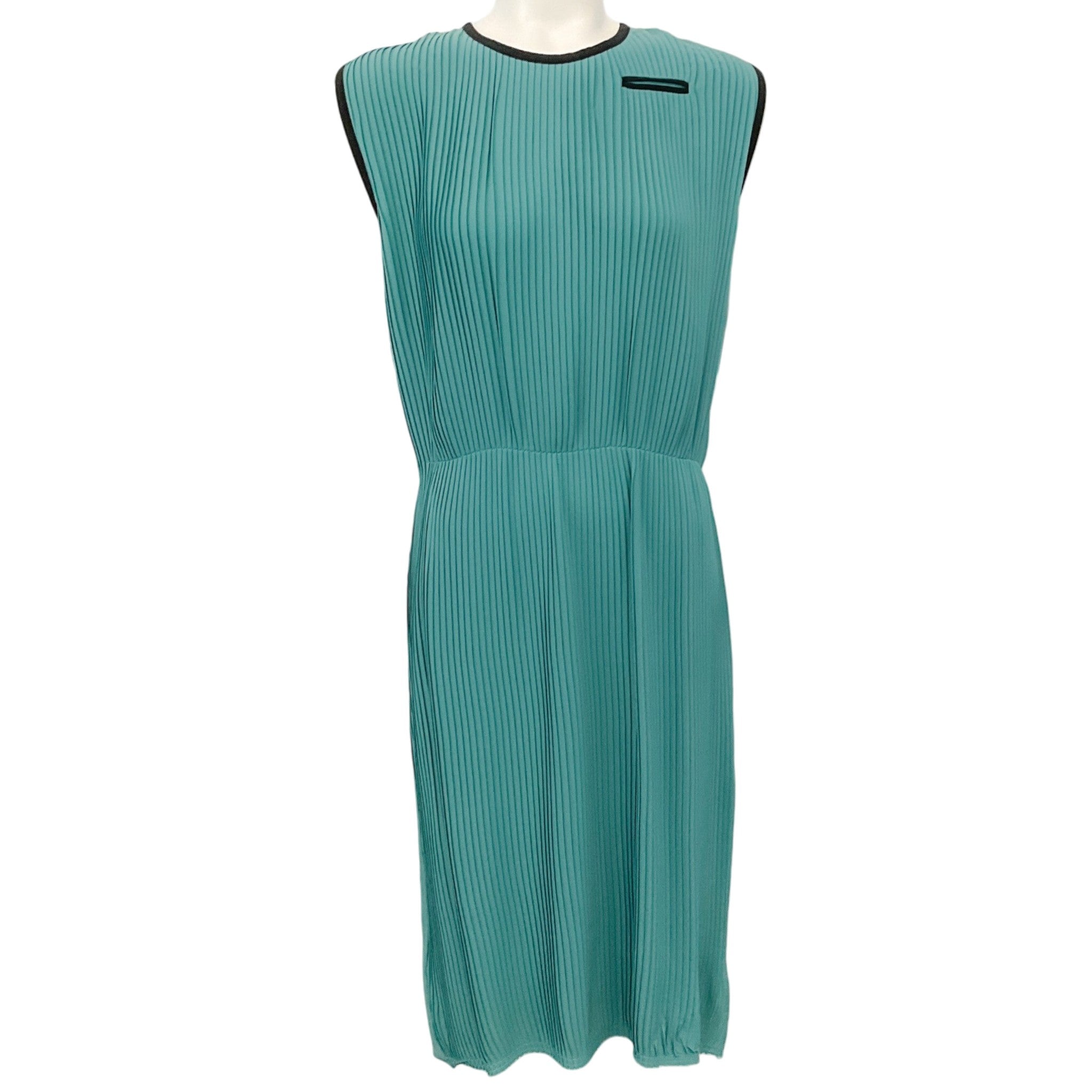 Marni Teal Silk Sleeveless Pleated Front Dress with Black Trim