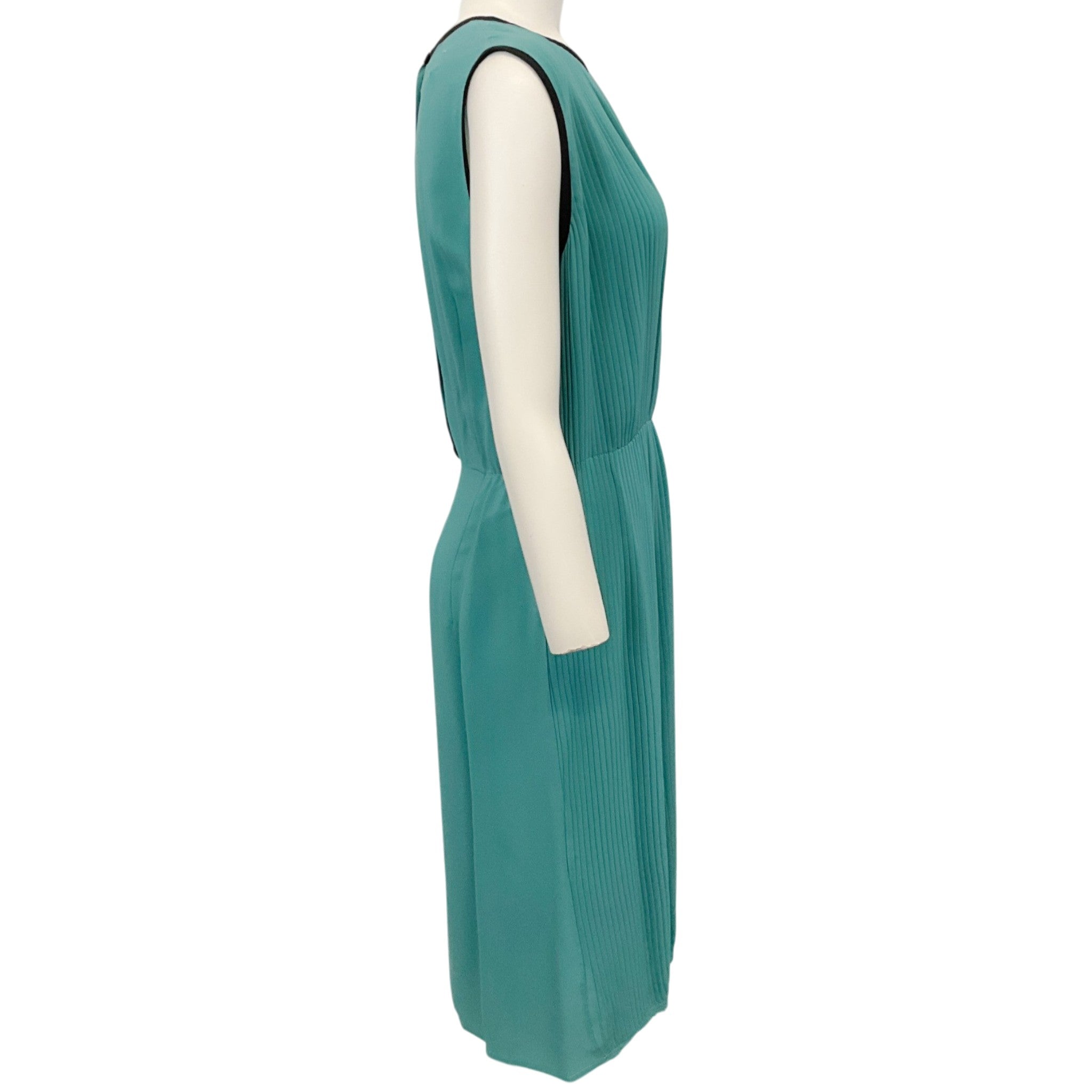 Marni Teal Silk Sleeveless Pleated Front Dress with Black Trim