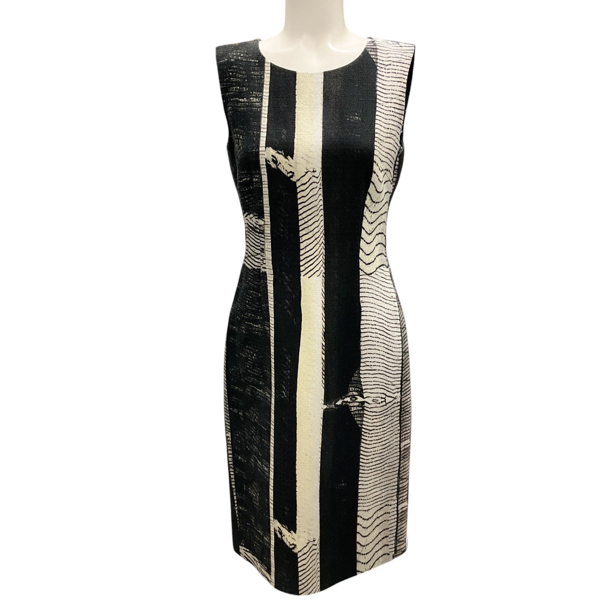 Max Mara Ivory / Black Printed Sleeveless Cotton and Linen Dress