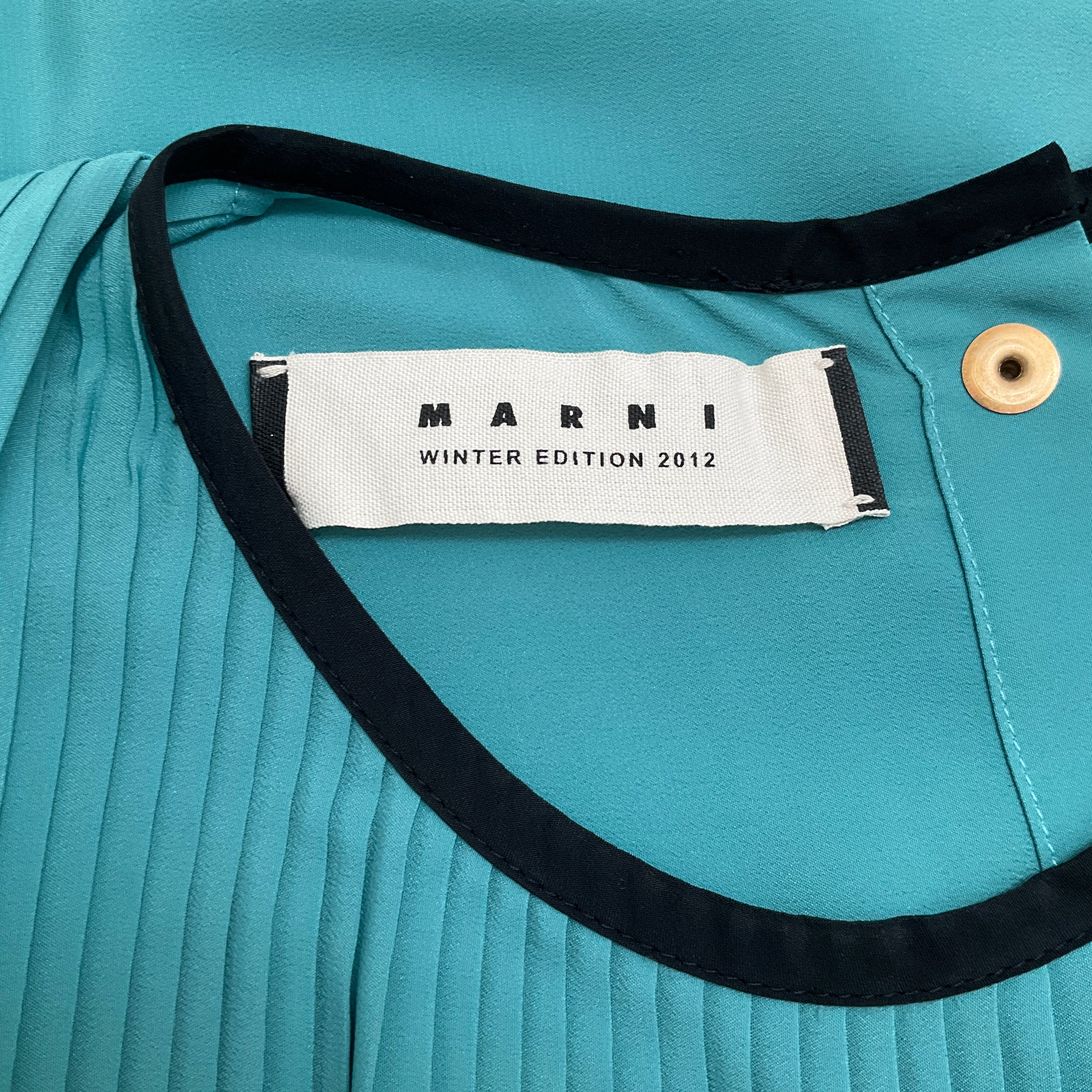 Marni Teal Silk Sleeveless Pleated Front Dress with Black Trim